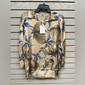 Blue and Brown Floral Button-Down Silk Blouse